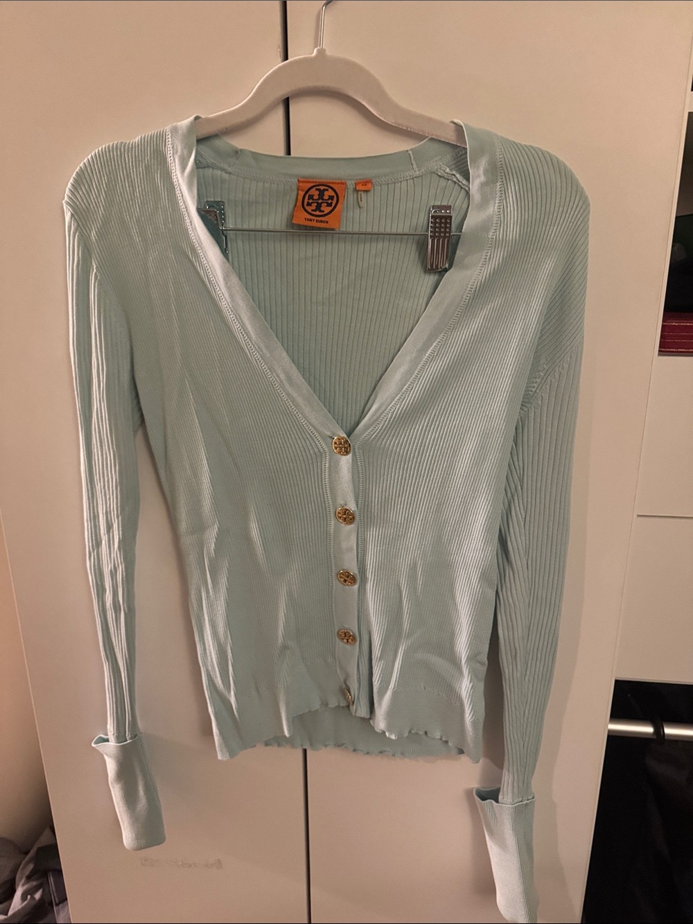 Tory Burch Light Mint Ribbed Button-Front Cardigan with Gold Buttons